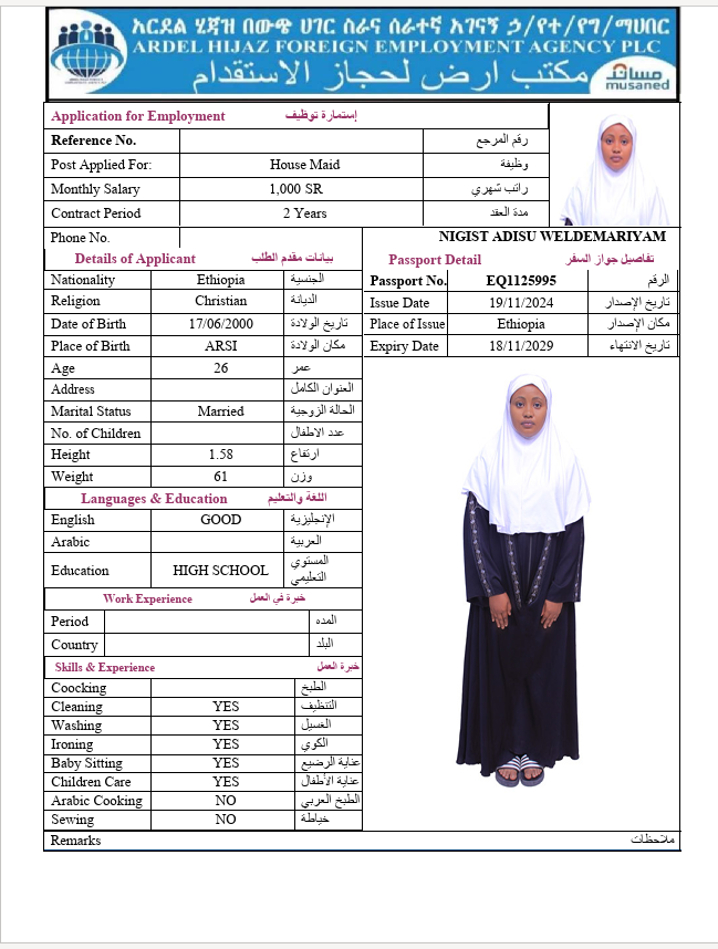 السيرة الذاتية لـ NIGIST ADISU WELDEMARIYAM