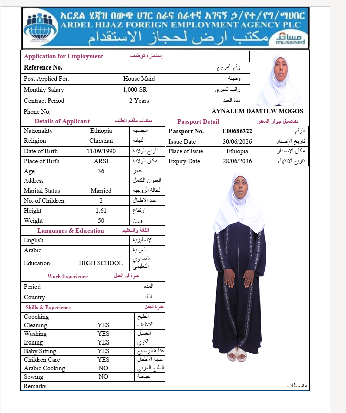 السيرة الذاتية لـ AYNALEM DAMTEW MOGOS