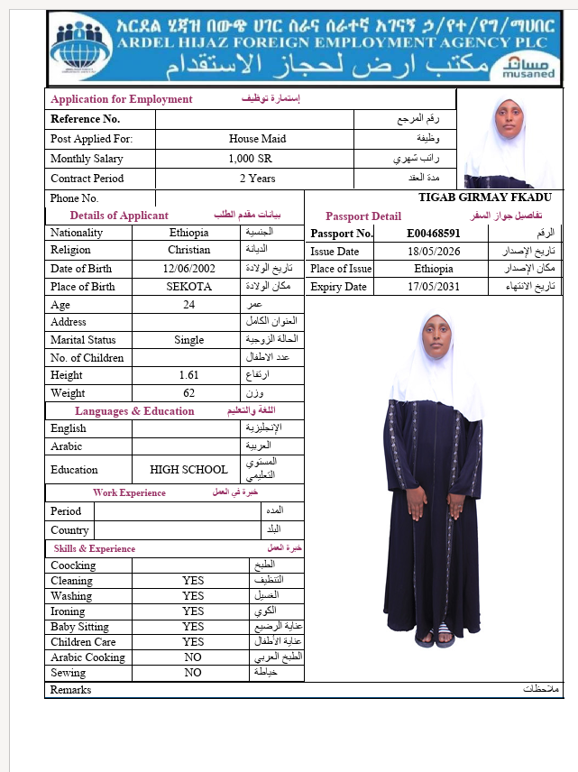 السيرة الذاتية لـ TIGAB GIRMAY FKADU