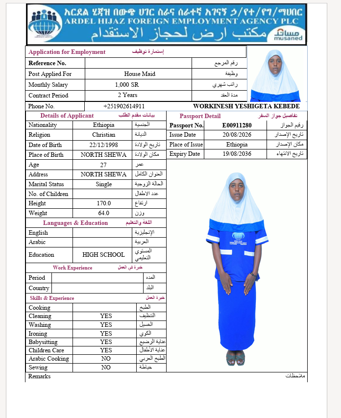 السيرة الذاتية لـ WORKINESH YESHIGETA KEBEDE