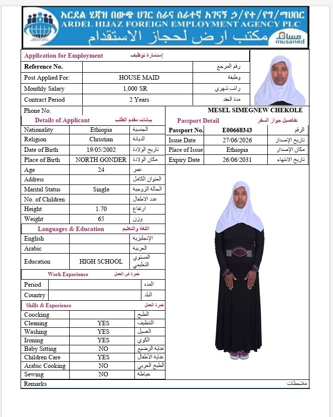 السيرة الذاتية لـ MESEL SIMEGNEW CHEKOLE