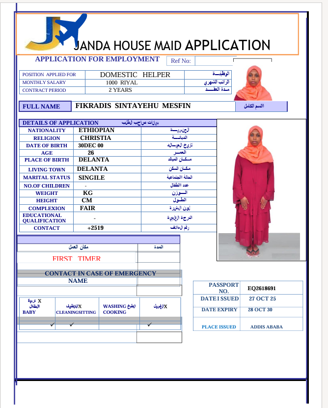 السيرة الذاتية لـ FIKRADIS SINTAYEHU MESFIN