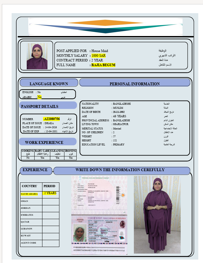 السيرة الذاتية لـ :RAJIA BEGUM