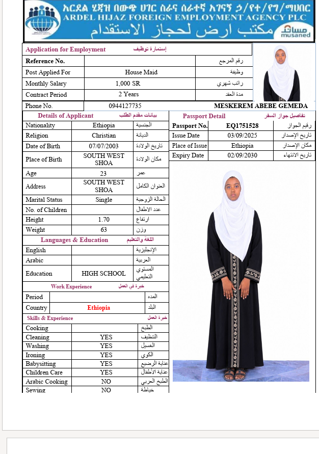 السيرة الذاتية لـ MESKEREM ABEBE GEMEDA