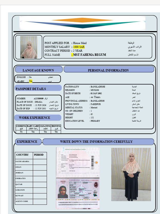 السيرة الذاتية لـ MST FAHEMA BEGUM