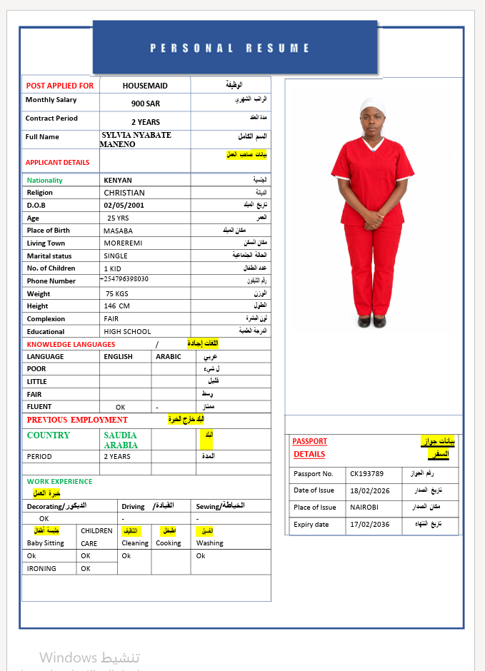 السيرة الذاتية لـ SYLVIA NYABATE MANENO