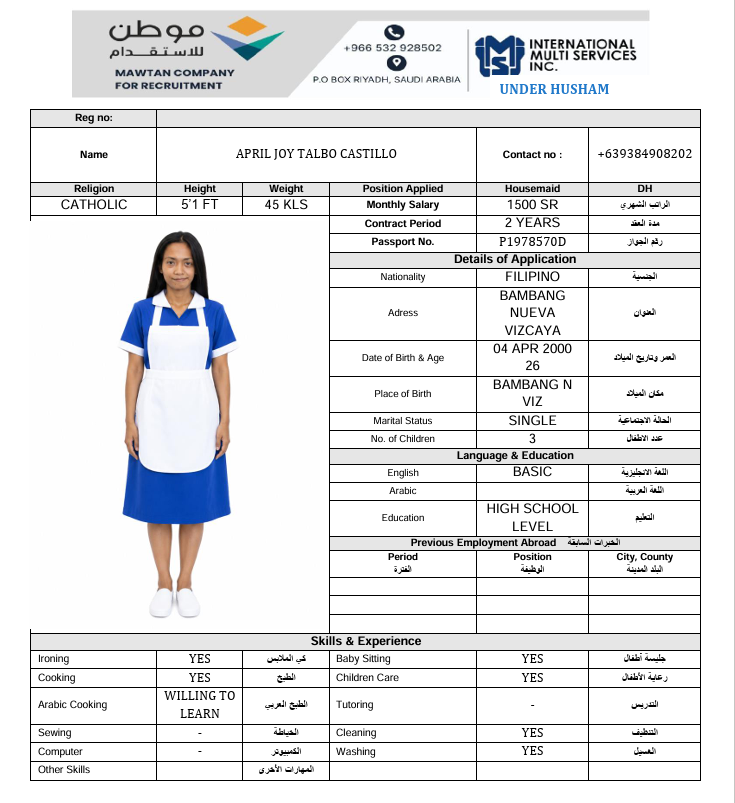 السيرة الذاتية لـ APRIL JOY TALBO CASTILLO